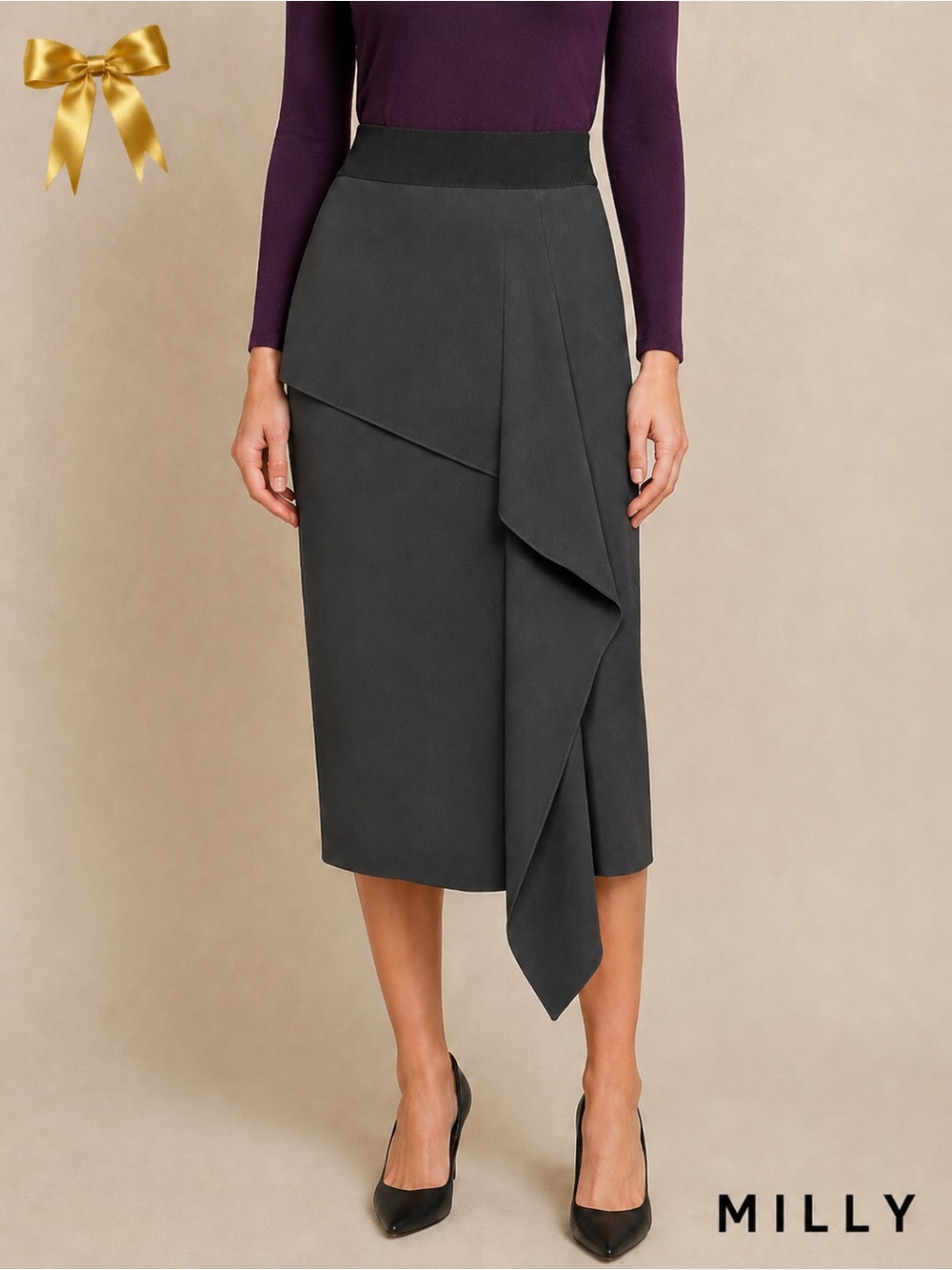 Milly Black Asymmetrical Ruffle Pencil Skirt Size 2 Made in USA